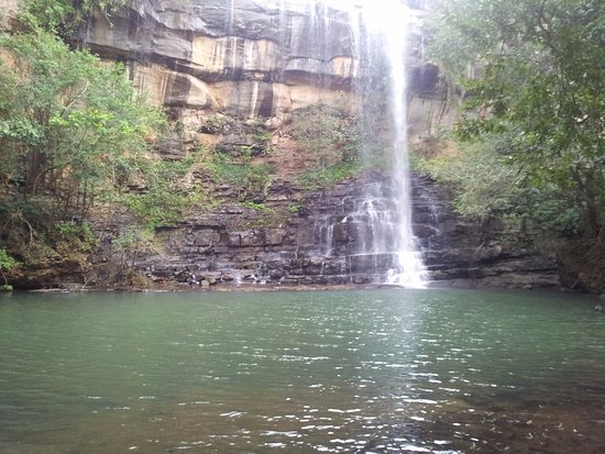 Serene view of Mallela Theertham Waterfalls cascading from rocky cliffs into a calm natural pool, surrounded by dense greenery in the Nallamala forest